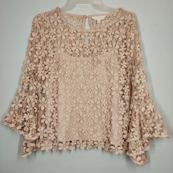 Adiva Tops - Adiva Blouse Womens Medium Pink Floral Crochet Lace Bell Sleeve Keyhole Top